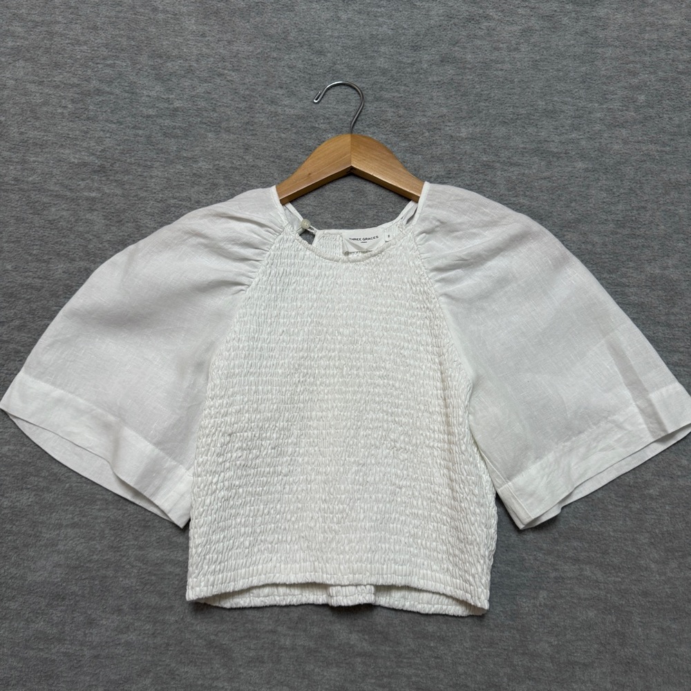 Three Graces London sz UK 8 US 4 Small 100% Linen Smocked Top White Blouse